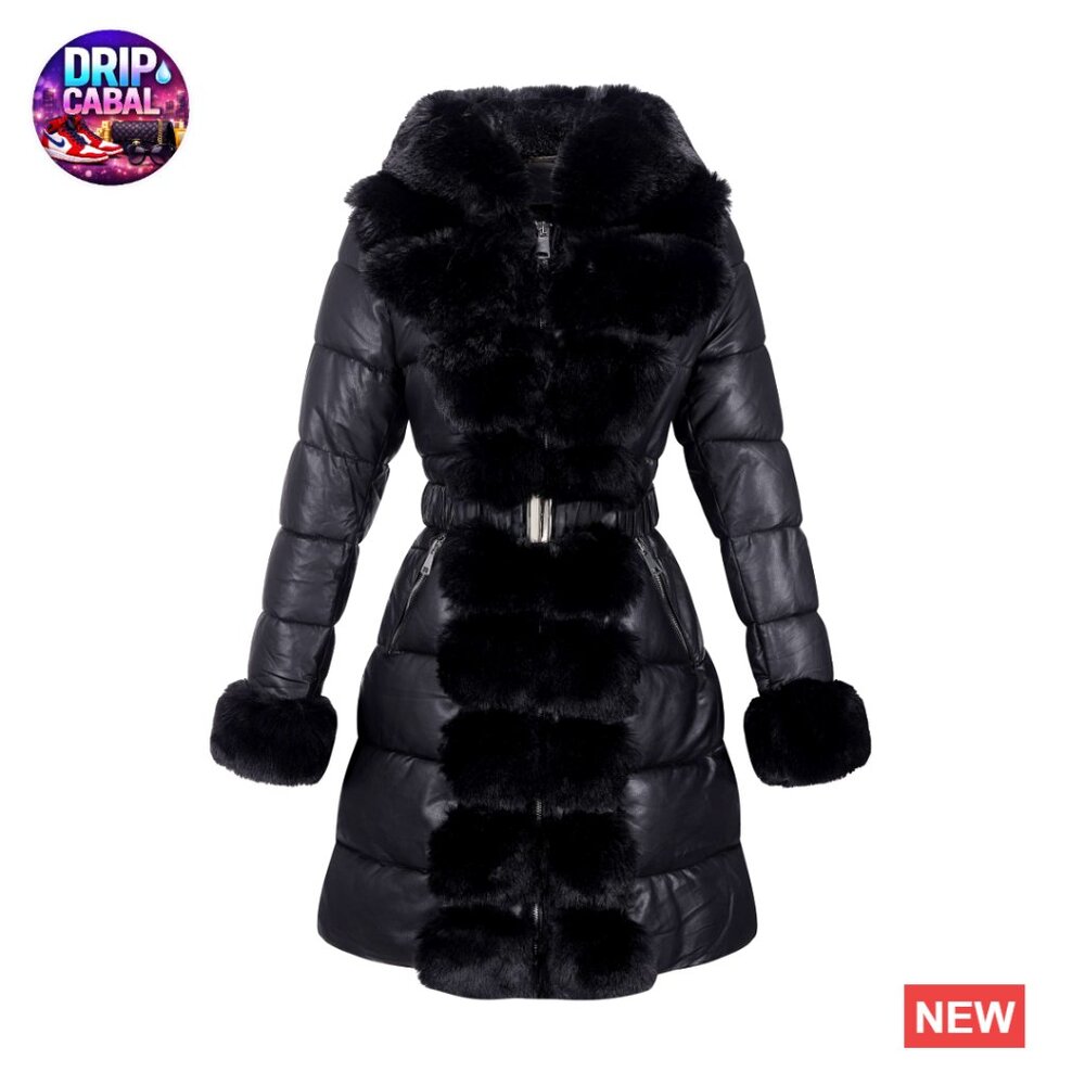 Faux Leather Puffer Coat Long Fur Trim Hooded Oversized Warm Winter Jacket